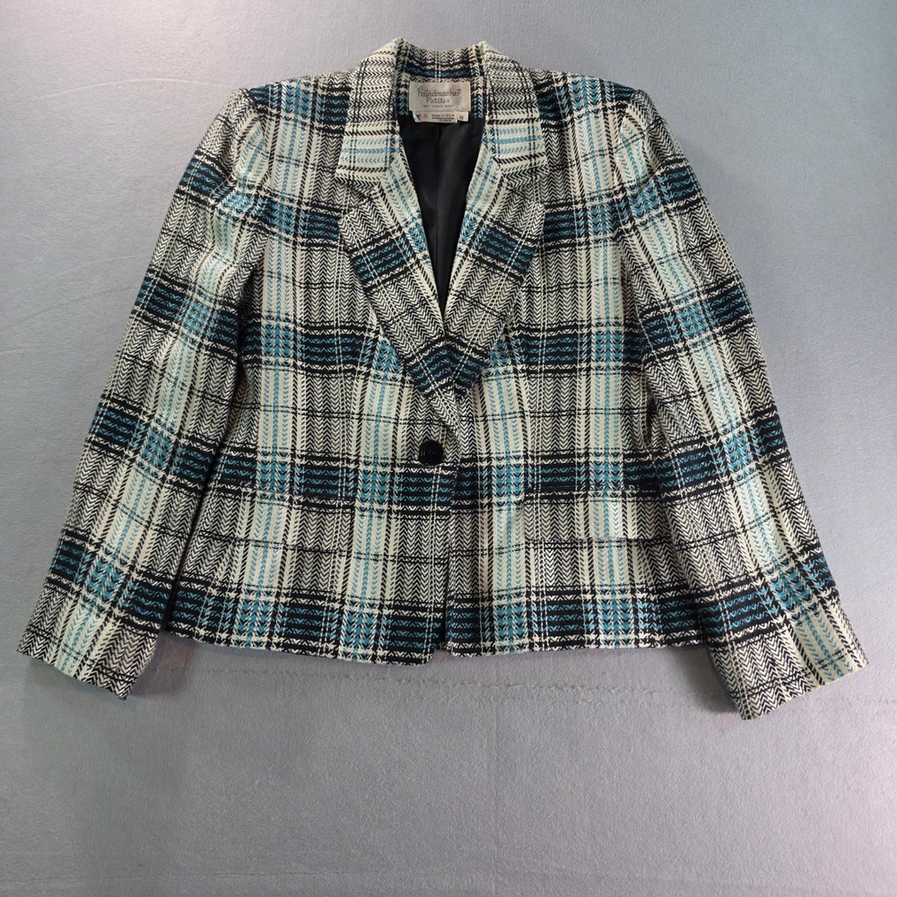 Handmacher Petites Vintage Plaid Blazer Teal Blue Black White Size 8 Made in USA